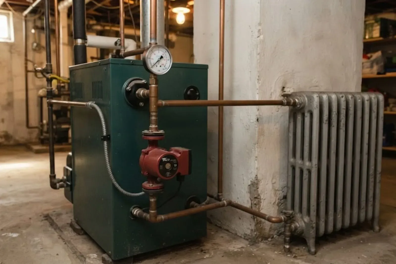 Green cast iron boiler with gauges and a radiator in a basement