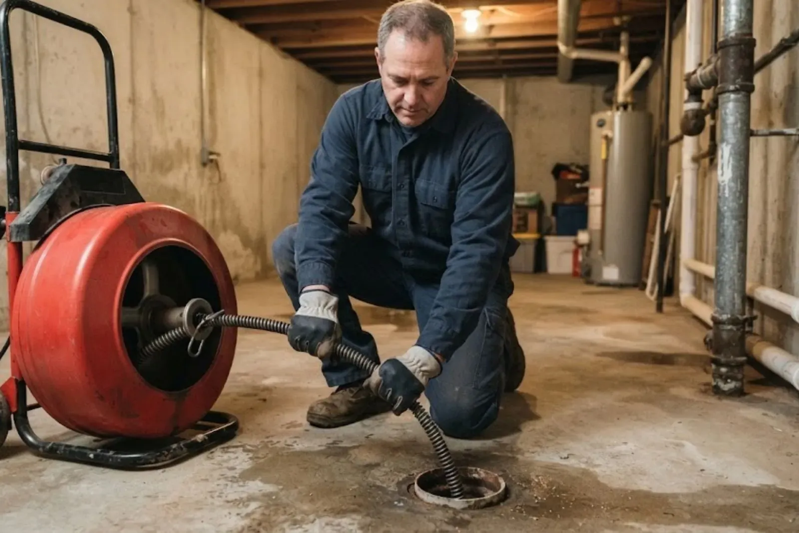 Plumber kneeling beside a drum drain machine feeding a cable into a basement floor drain