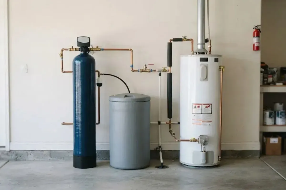 Water softener tank and brine tank beside a water heater in a garage utility area